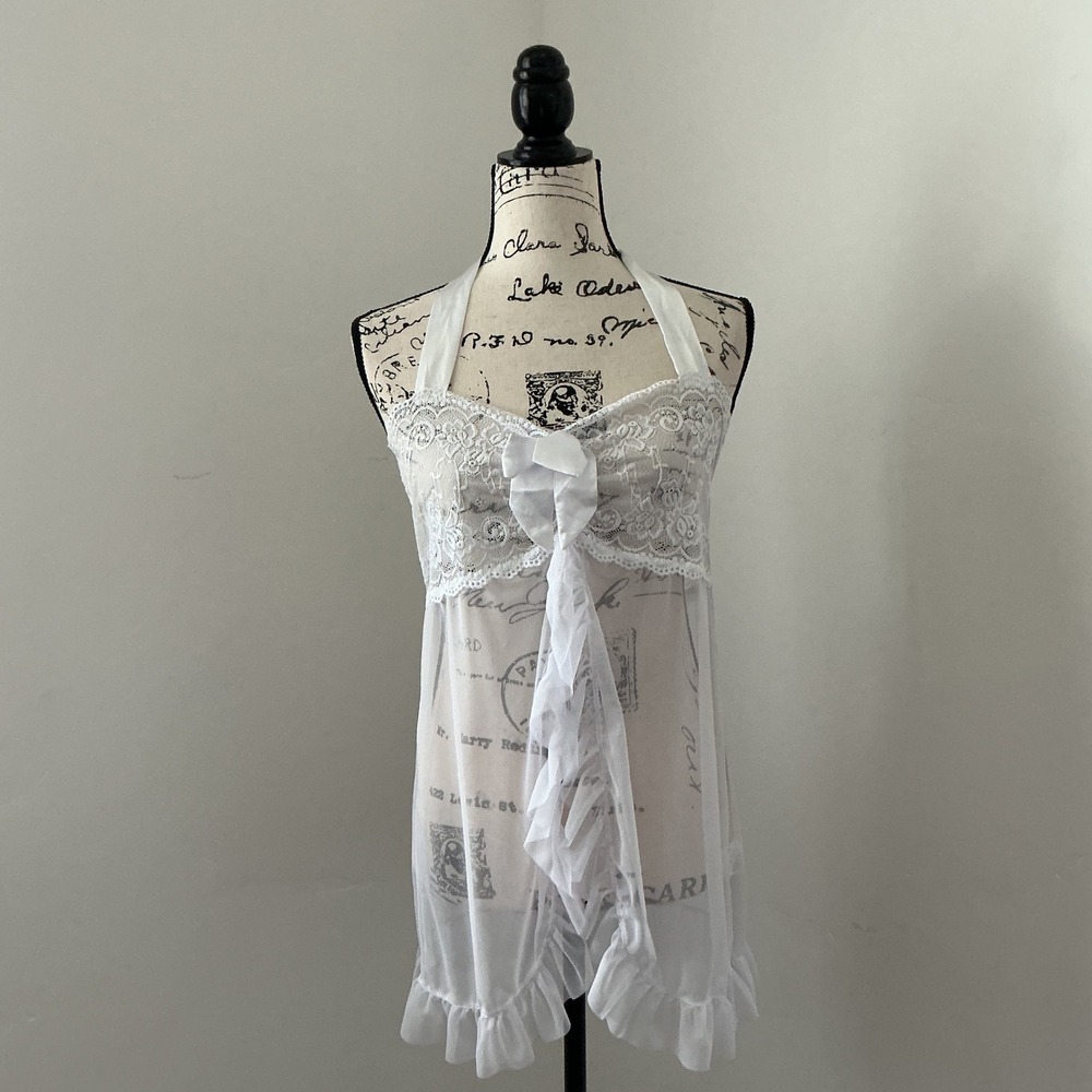 Avidlove White Lace Halter‎ Babydoll Chemise Lingerie XL Sheer Ruffle Trim